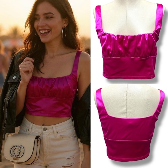 163 Forever 21 | NWOT Hot Pink Satin Crop Top (Size M) - Picture 1 of 12